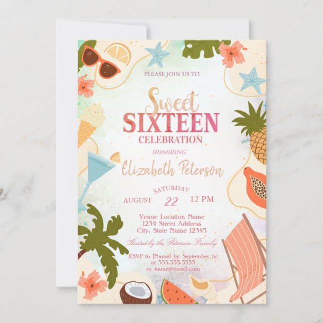 Tropical Summer Pool Party Sweet 16 Party Invitation (Front)