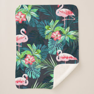 Tropical summer seamless pattern with flamingo bir sherpa blanket