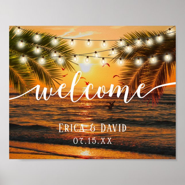 Tropical Summer Sunset Palm Beach Wedding Welcome Poster (Front)