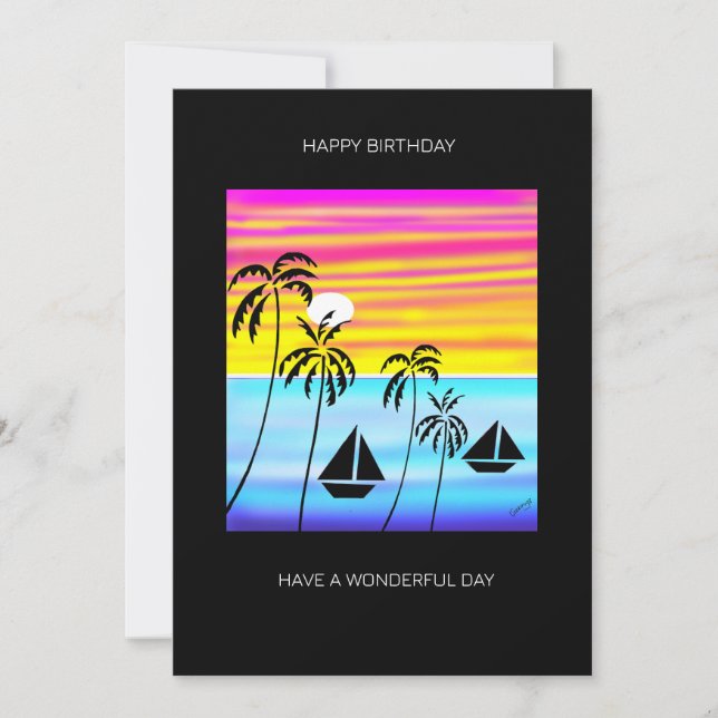 Tropical Summer Sunset Sailing Birthday Card (Front)