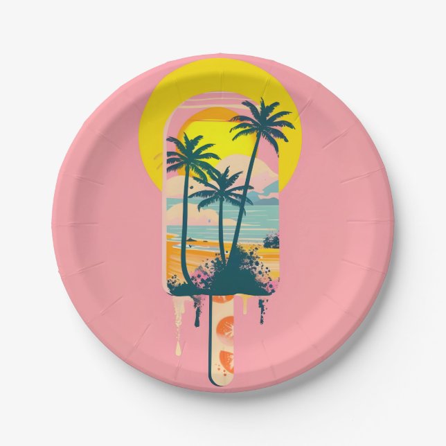 Tropical Summer Sunset Sweets Paradise Paper Plates (Front)