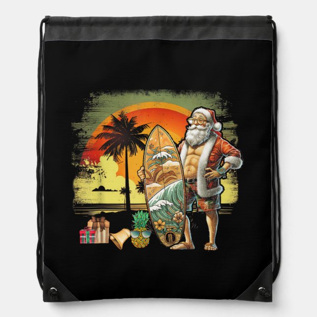 Tropical Summer Surfing Santa Claus 6 Pack Christm Drawstring Bag (Front)