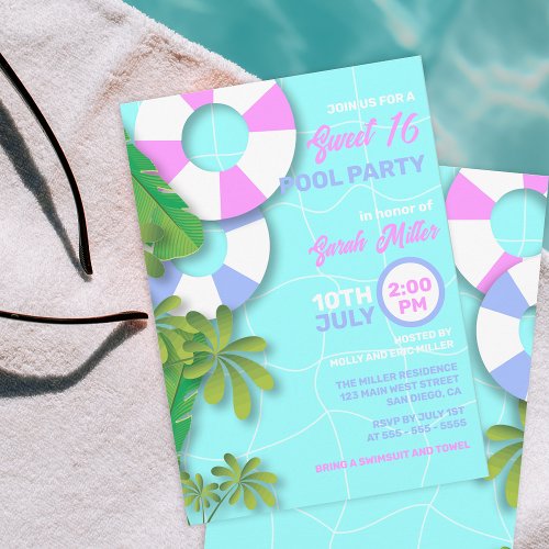 Tropical Summer Sweet 16 Birthday Pool Party Invitation