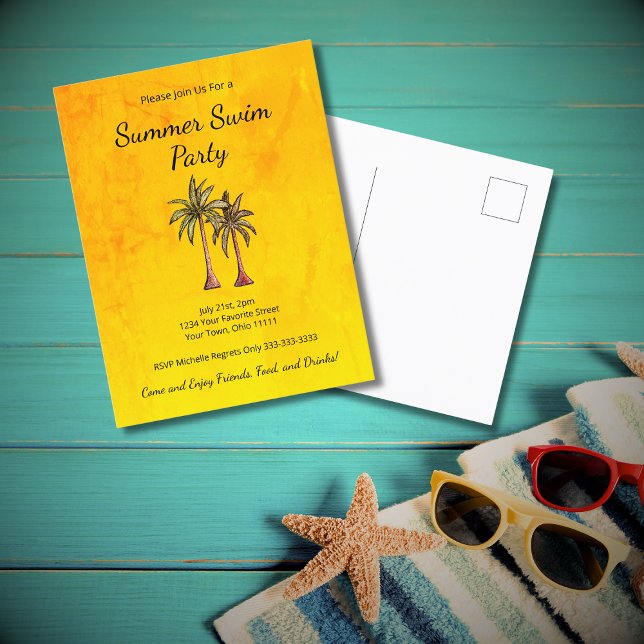 Tropical Summer Swim Pool Party Palm Trees Gold  Invitation Postcard (Creator Uploaded)