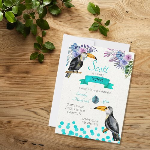 Tropical Summer Toucan Blue Birthday Party Invitation