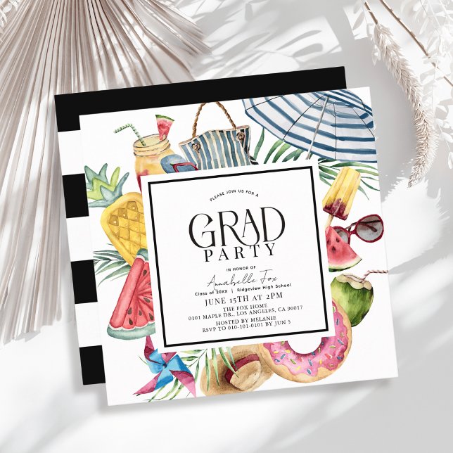 Tropical Summer Umbrella Donut Black Graduation Invitation (Creator Uploaded)