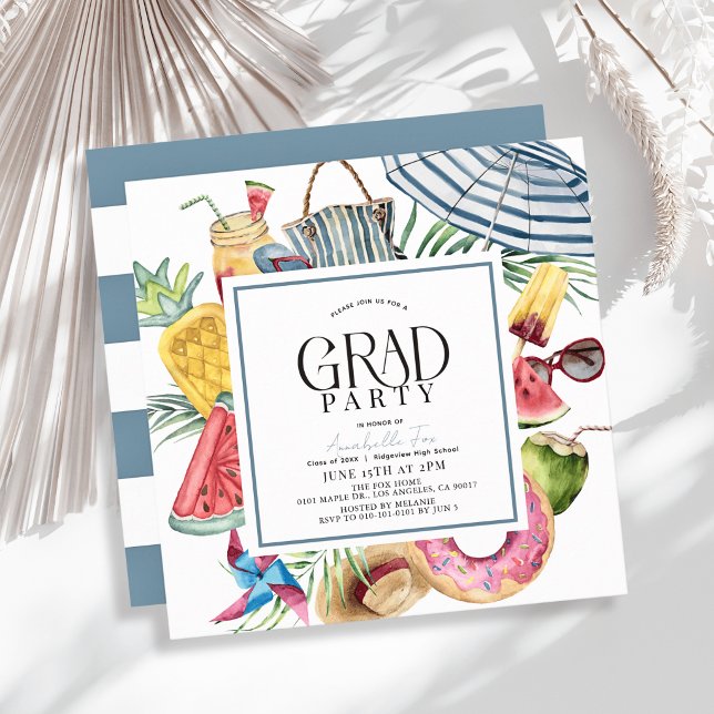 Tropical Summer Umbrella Donut Blue Graduation Invitation (Creator Uploaded)