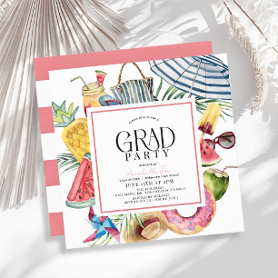 Tropical Summer Umbrella Donut Pink Graduation Invitation