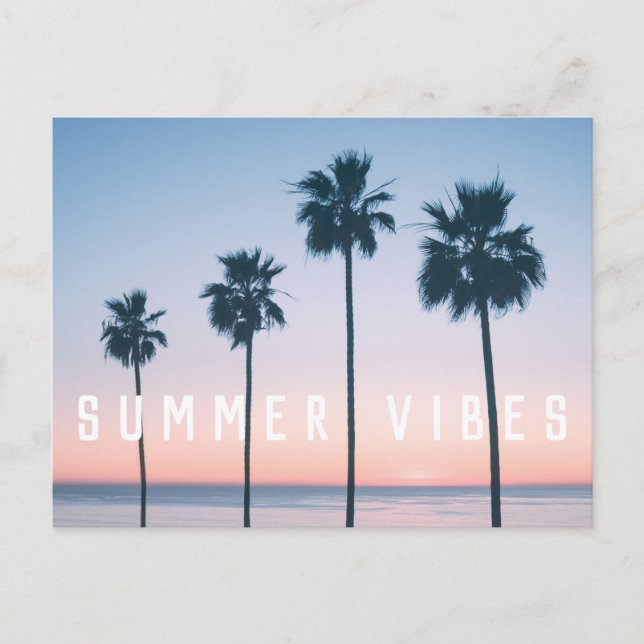 Tropical Summer Vibes Pink & Blue Palm Tree Sunset Postcard (Front)