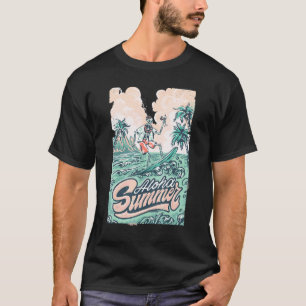 Tropical Summer Vibes Skeleton Surfer Riding Surfb T-Shirt