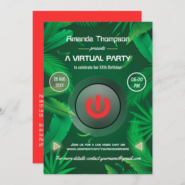 Tropical Summer Virtual Birthday Party Invitation (Front/Back)