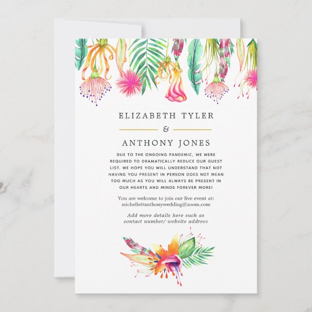 Tropical Summer Virtual Wedding Guest List Announcement (Front)