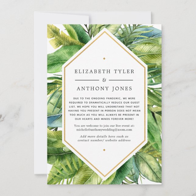 Tropical Summer Virtual Wedding Reduced Guest List Announcement (Front)