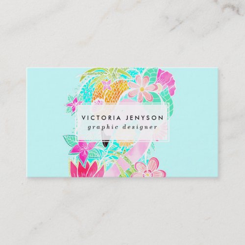 Tropical summer watercolor flamingo pineapple business card