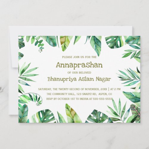 Tropical Summer  Watercolor Leaves Annaprashan Invitation