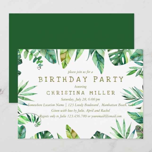 Tropical Summer | Watercolor Leaves BIRTHDAY Invitation (Front/Back)