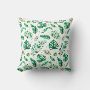 Tropical summer watercolor palm leaves beach throw pillow