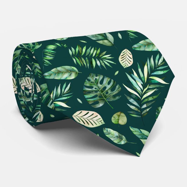 Tropical summer watercolor palm leaves neck tie (Rolled)