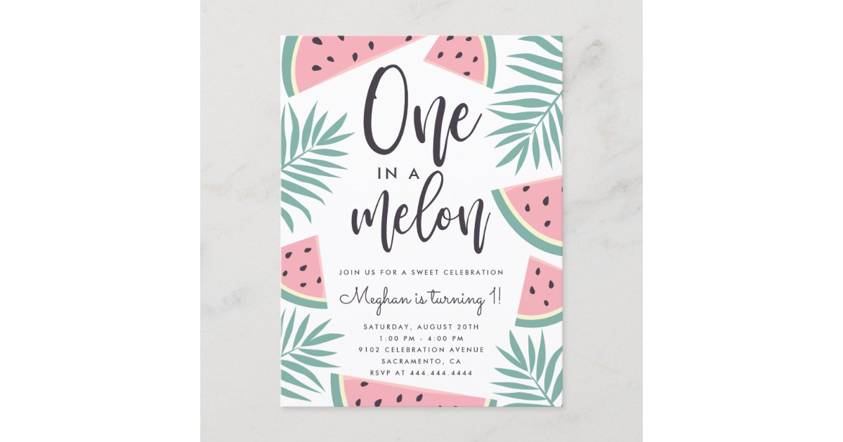 Tropical Summer Watermelon One In A Melon Birthday Invitation Postcard Zazzle Com