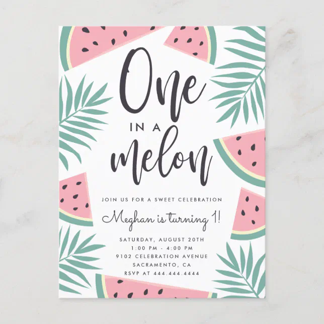 Tropical Summer Watermelon One In A Melon Birthday Invitation Postcard ...