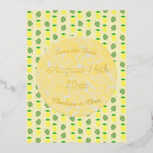 Tropical Summer Wedding Pineapple and Palm Leaves Foil Holiday Postcard