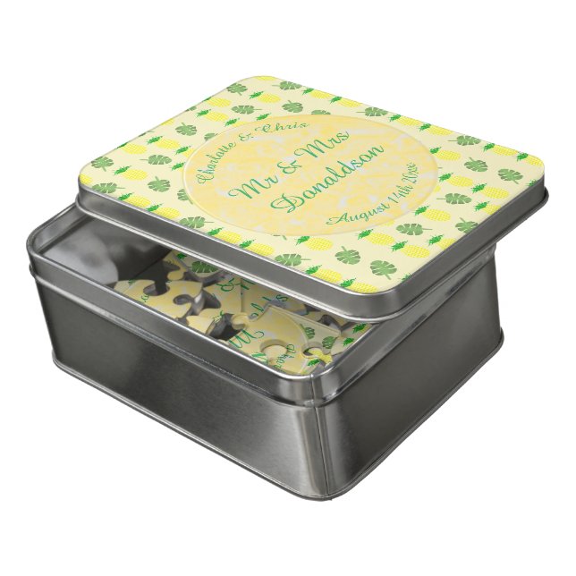 Tropical Summer Wedding Pineapple and Palm Leaves Jigsaw Puzzle (Lid Open)