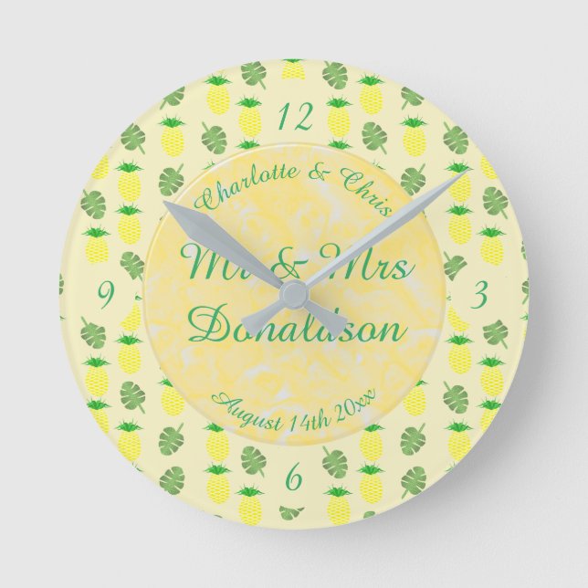Tropical Summer Wedding Pineapple and Palm Leaves Round Clock (Front)