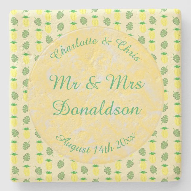 Tropical Summer Wedding Pineapple and Palm Leaves Stone Coaster (Front)