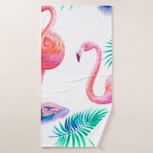 Tropical summer with flamingos palm leaves and exo bath towel