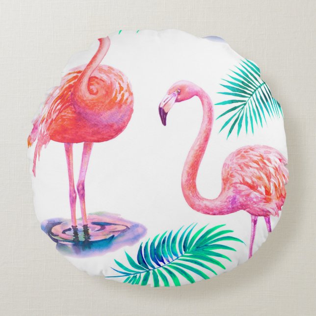 Tropical summer with flamingos palm leaves and exo round pillow (Front)