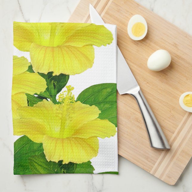 Tropical Summer Yellow Hibiscus on White  Kitchen Towel (Quarter Fold)