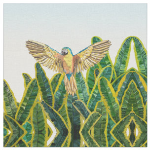Tropical Summer Yellow Parrot Bird Banana Leaves Fabric