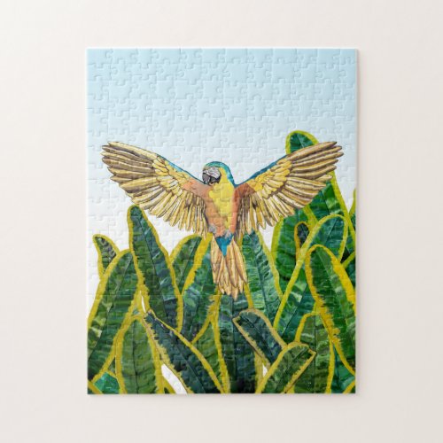 Tropical Summer Yellow Parrot Bird Banana Leaves Jigsaw Puzzle