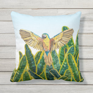 Tropical Summer Yellow Parrot Bird Banana Leaves Outdoor Pillow