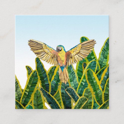 Tropical Summer Yellow Parrot Bird Banana Leaves Square Business Card