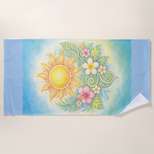 Tropical Sun with Pink Hibiscus and Plumeria Beach Towel
