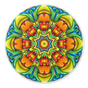 Tropical Sunburst Vintage Fractal Kaleidoscope Ceramic Knob