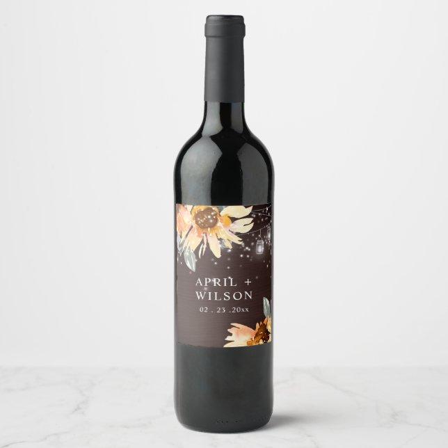 TROPICAL SUNFLOWER STARRY NIGHT MASON JAR WEDDING WINE LABEL (Front)
