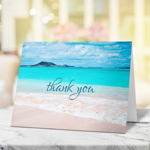 Tropical Sunny Hawaii Turquoise Beach Photo Script Thank You Card