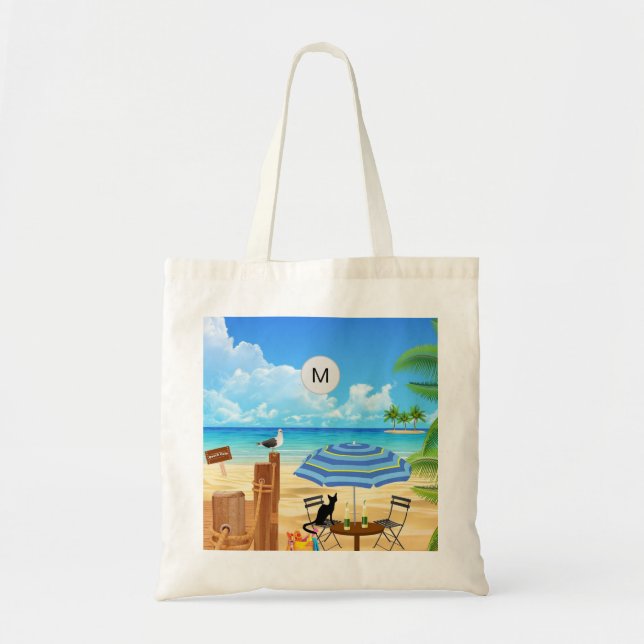 Tropical sunny summer beach ocean scene monogram tote bag (Front)