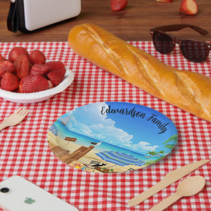 Tropical sunny summer beach scene monogrammed paper plates