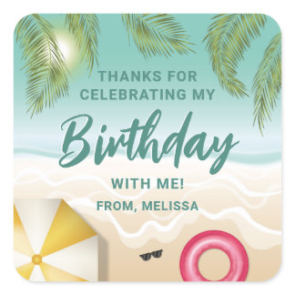 Tropical Sunny Teal Beach Sand Birthday Thank You Square Sticker