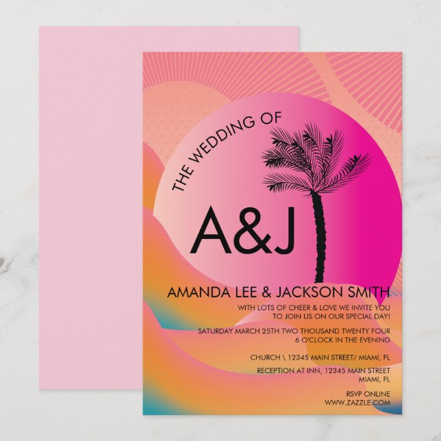 Tropical Sunrise Bold Pink Orange Wedding Invitation (Front/Back)