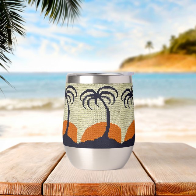 Tropical Sunrise Palm Trees Artisan Crochet Print Thermal Wine Tumbler (Beach)