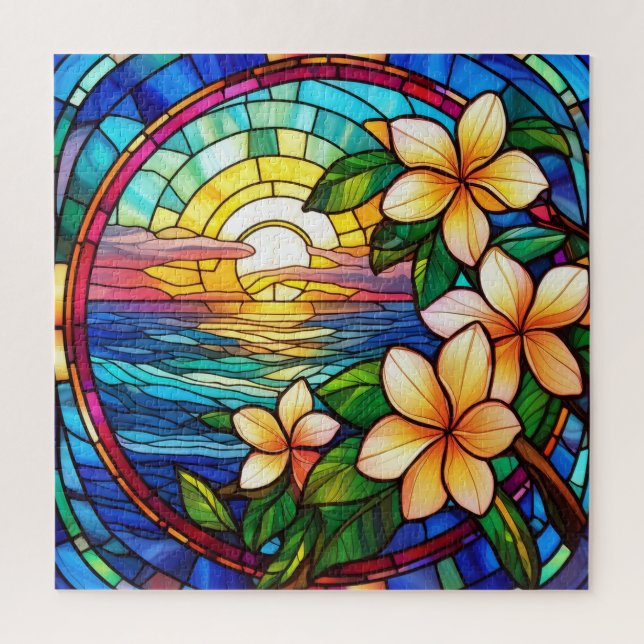 Tropical sunrise stained glass art puzzle (Vertical)