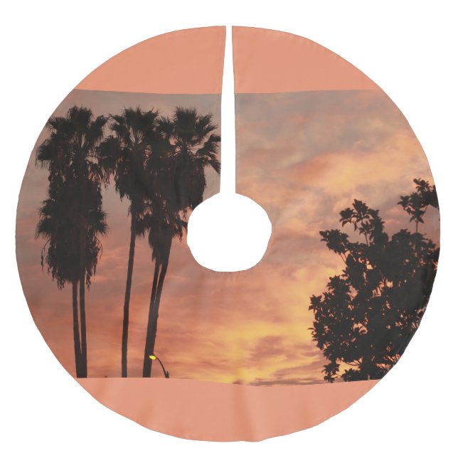 Tropical sunrise with silhouette trees brushed polyester tree skirt (Front)
