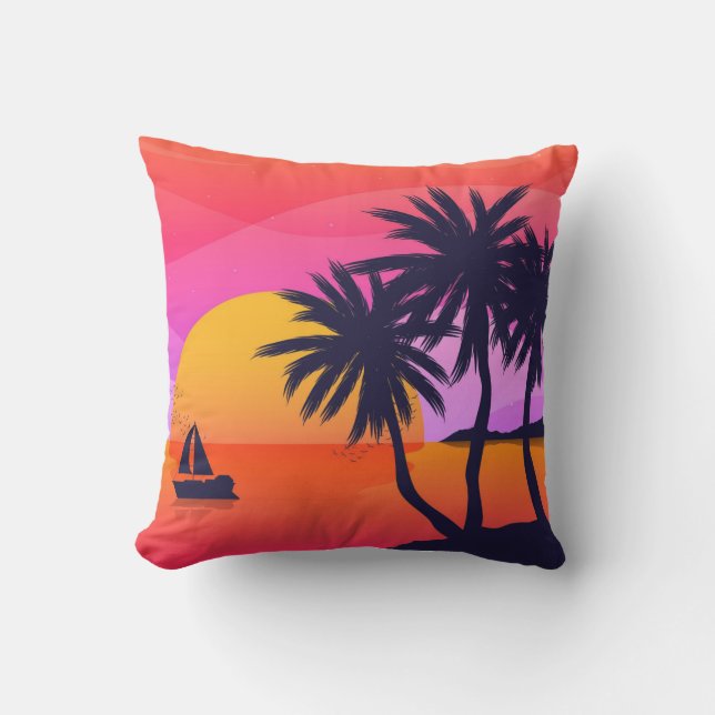 Tropical Sunset and Palm Trees  Outdoor Pillow (Front)