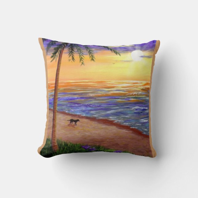 Tropical Sunset  Art Beach Palm Tree Creationarts Throw Pillow (Front)