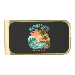 Tropical Sunset at Waikiki Beach Hawaii Gold Finish Money Clip