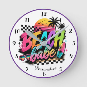 Tropical Sunset Beach Babe Coastal Art Work Round Clock